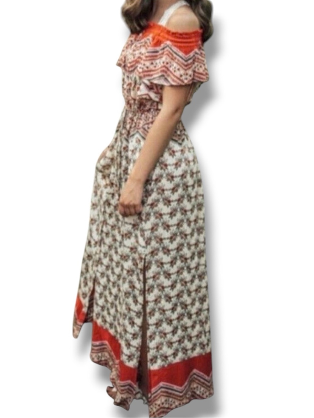 Patrons Of Peace off shoulder floral hippie bohemian maxi dress